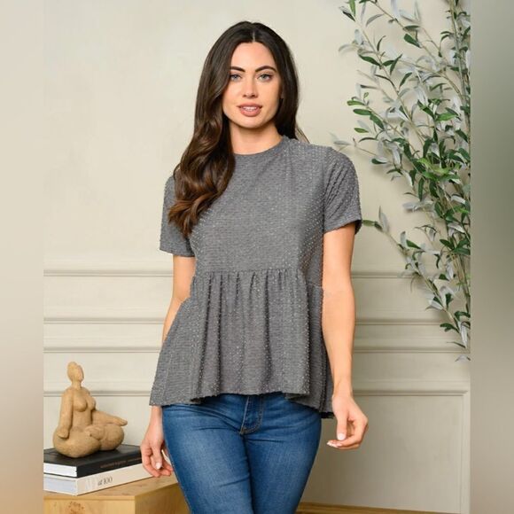 Jacqui E Tops - Women’s short sleeve Swiss dot peplum in gray‎